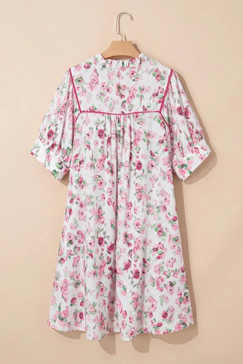 Pink Floral Split Neck Short Sleeve Loose Plus Size Mini Dress - Love Salve